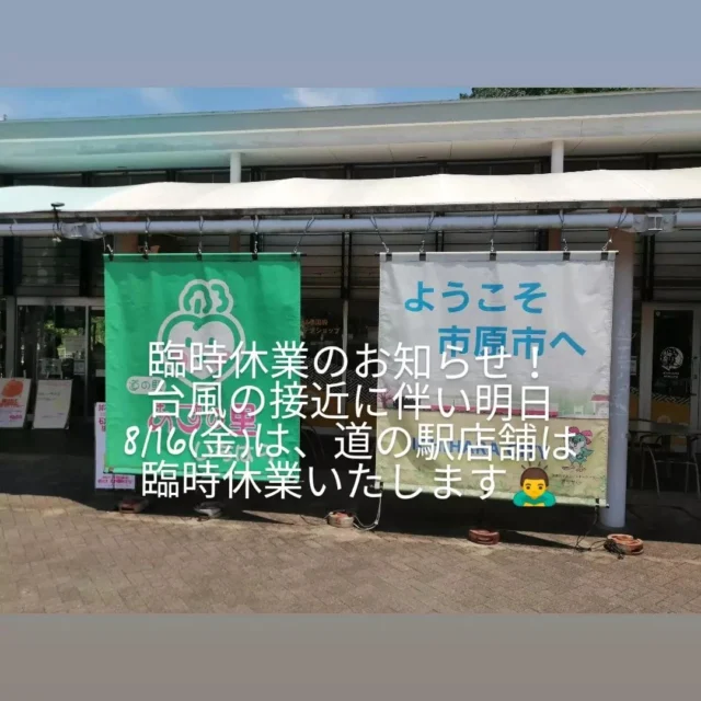 店舗の臨時休業のお知らせ！
勢力の強い台風7号の接近に伴い、8/16(金)は、道の駅の店舗は臨時休業致します。
また、17日(土)の営業についても、状況次第で開店を、遅らせる場合があります。
ご理解のほど、よろしくお願い申し上げます!  #あずの里いちはら 
#市原市農業センター 
#直売所
#道の駅
#台風
#スタンプブック
#梨
#いちじく