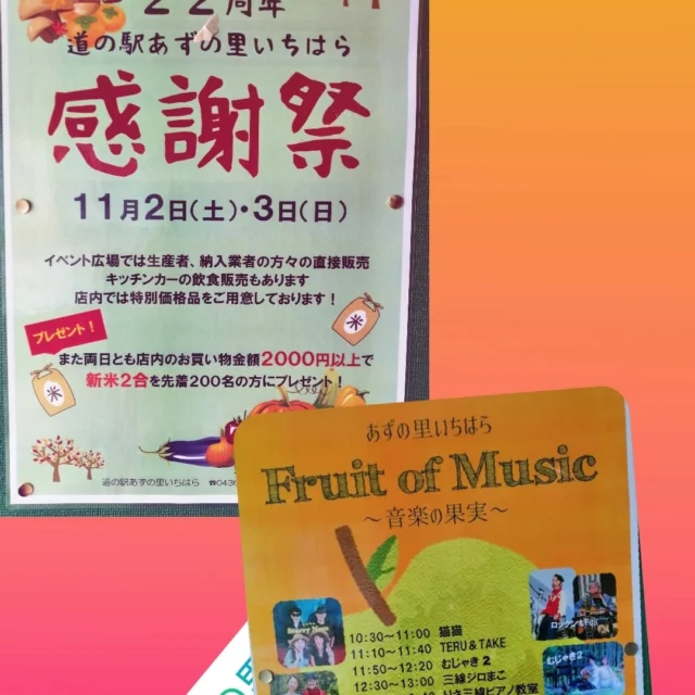 11月2日〜3日感謝祭（直売会）
11月4日音楽の果実　開催予定、（悪天候の場合は中止）
お近くに来た折には立ち寄ってね!  #あずの里いちはら #市原市イベント #直売所 #農業センター #散歩