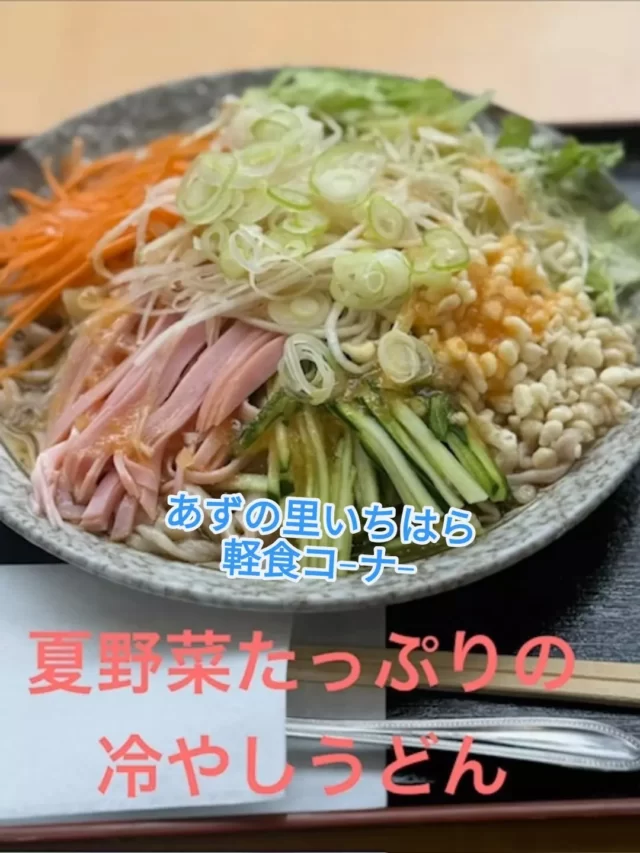 暑い夏こそ、しっかり野菜をチャ−ジ。ダイコン、ニンジン、きゅうり、キャベツなど、色とりどりの野菜をたっぷり使った「冷やしサラダうどん」をご用意しています。自家製うどんのつるっとした食感と、シャキシャキ野菜の組み合わせをお楽しみください!  #あずの里いちはら #食事が美味しい #道の駅めぐり #直売所めぐり #市原市